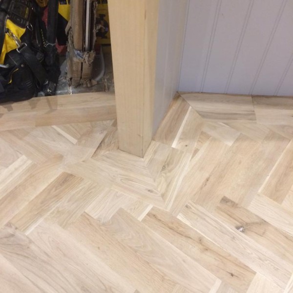 Unfinised Oak Parquet in Kitchen ready to be sealed