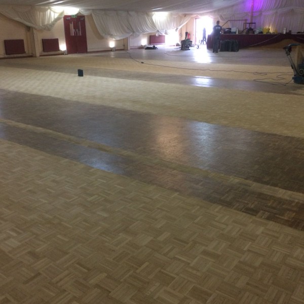 Asian Community Centre - Plumstead in progress sanding 500m2 oak mosaic finger block